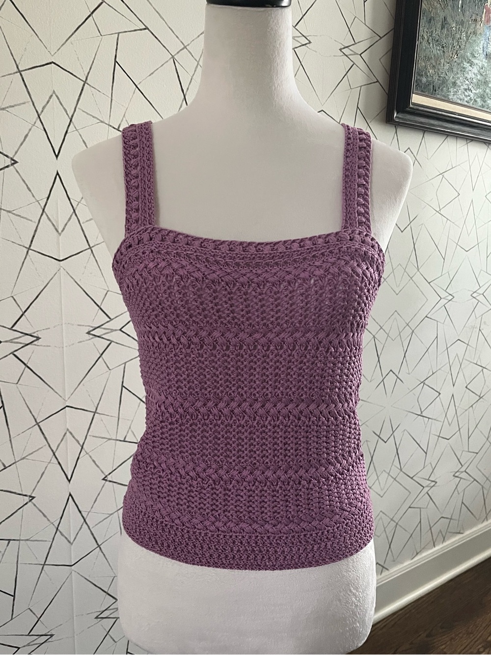 VINCE Purple Crochet Square-Neck Tank